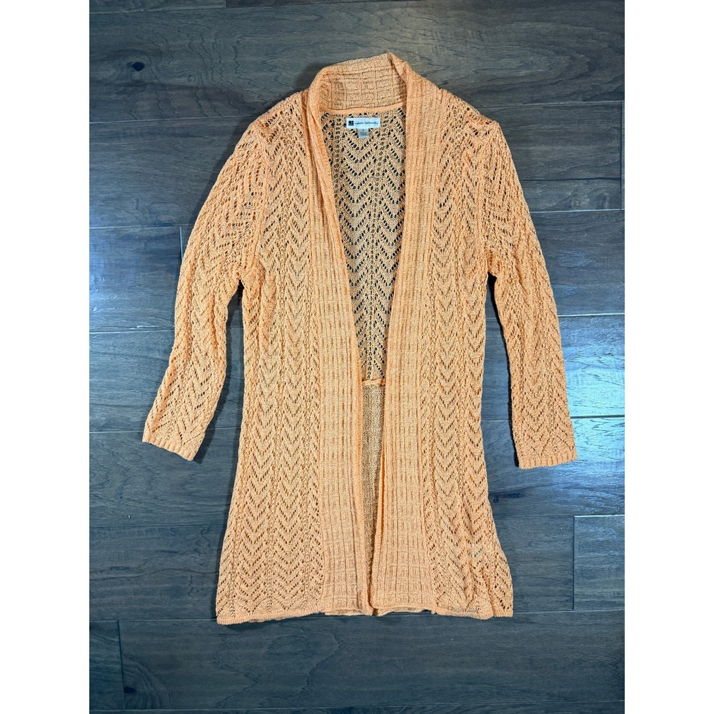 Valerie Bertinelli Peach Open Knit Pointelle Duster Cardigan Womens Small